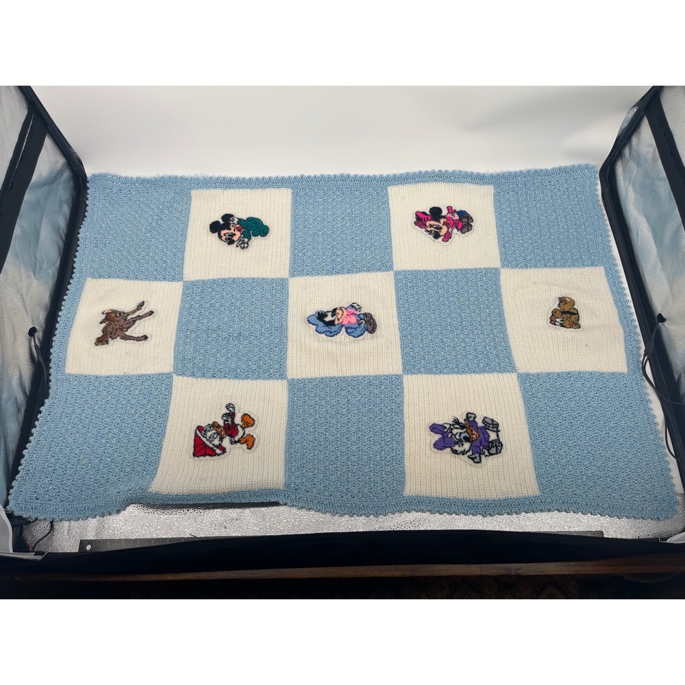 Disney Baby Hand Knitted Crochet Blanket Mickey Minnie Donald Blue White 31x46